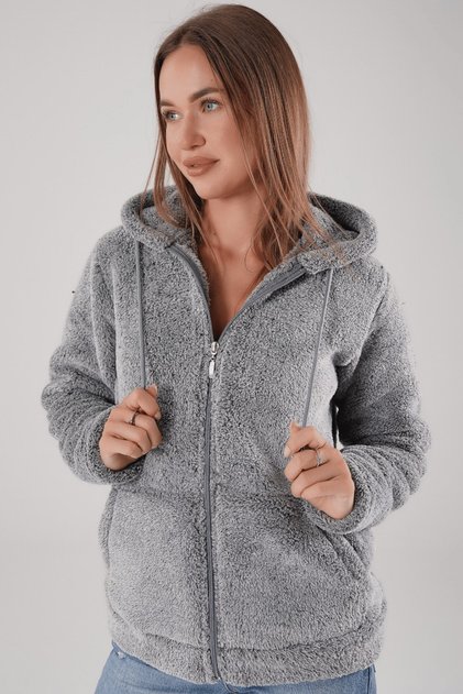 Gray Hooded Plush Jacket Cardigan