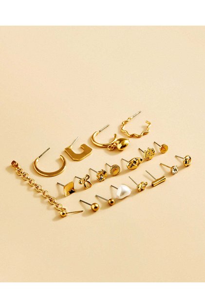 Women Gold Embellished Stud Earrings Set (25 Pair)