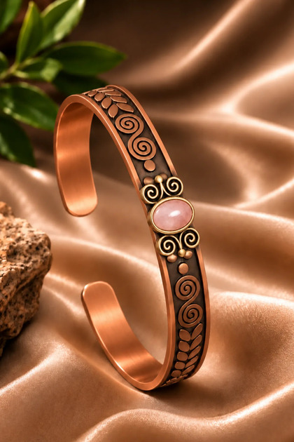 Women's Copper Bracelet Handcrafted Pure Copper Oval Pink Quartz Natural Stone Women's Copper Adjustable Bracelet