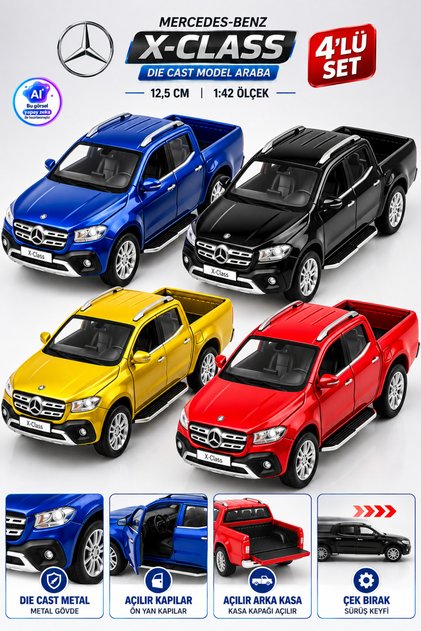 Die Cast Mercedes-Benz X-Class Pick-Up Set of 4 12.5 cm – 1:42 Scale Metal Pull-Back Model Car with Opening Doors and Rear Cargo Box