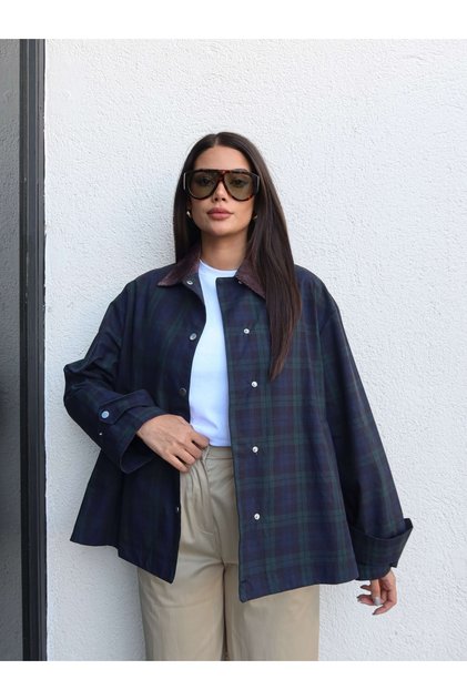 Velvet Collar Plaid Trench