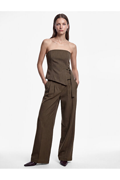 Strapless Collar Corset Look Asymmetrical Bustier Blouse with Belt Detail