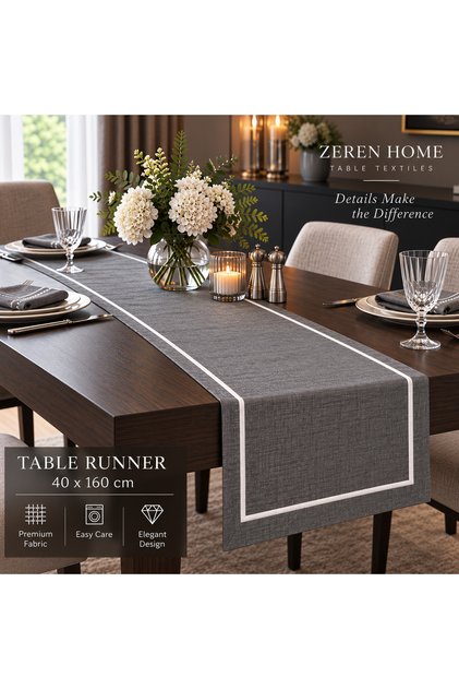 Silver Piko Detailed Linen Look Anthracite Color Runner 40 X 160
