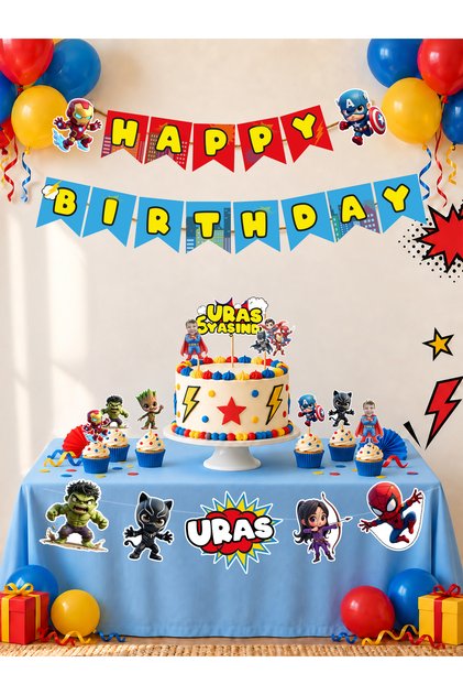 Kişiye Özel Fotoğraflı Süper Kahraman Doğum Günü Süsleme Seti Flama Pasta ve Cupcake Süsü
