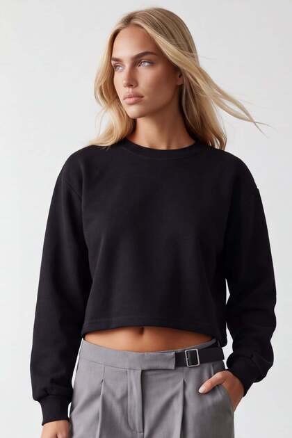 Women's Black Crew Neck Skirt with Dirty Stitching and 3 Thread Inner Ribbed Sweatshirt Alc-X15863