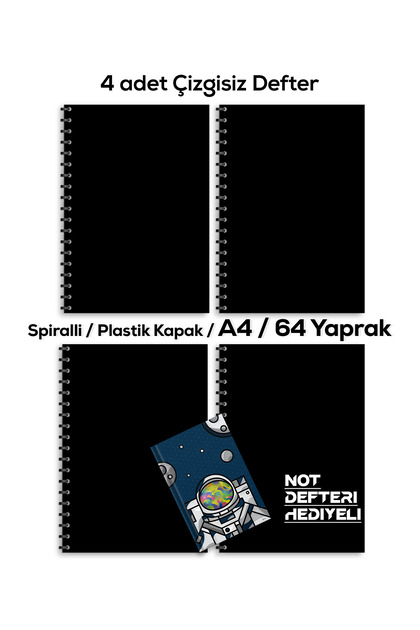 A4 72 Sheets 4 Pieces Unlined Black School Notebook Notepad Gift Plastic Cover Spiral Bound