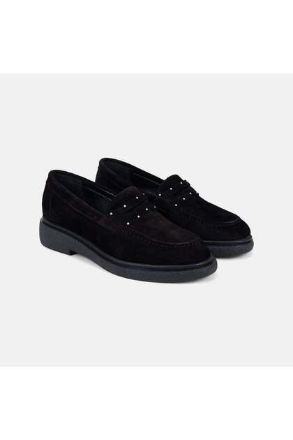 Women's Black Metal Stud Detailed Suede Loafer