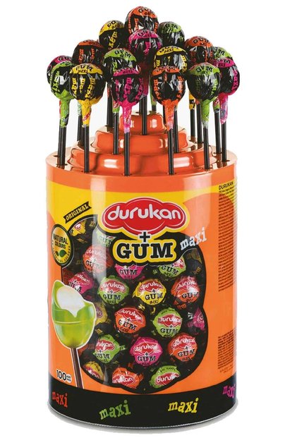 Durukan + Gum Maxi – Acadele cu arome asortate de fructe și centru de gumă mestecabilă – Recipient de 100g pentru expunere