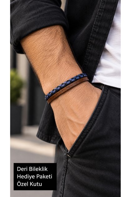 Orselli Bluecross Brown Navy Blue Leather Men's Bracelet - with Braided Stripe