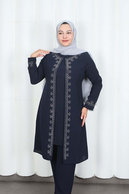 Large Size Mother's Set with Stone-Embellished Sleeves Navy Blue Hnt2101