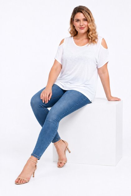 Women's Plus Size, Bone Color, Thin Viscose Fabric, Off Shoulder Blouse 65N39626