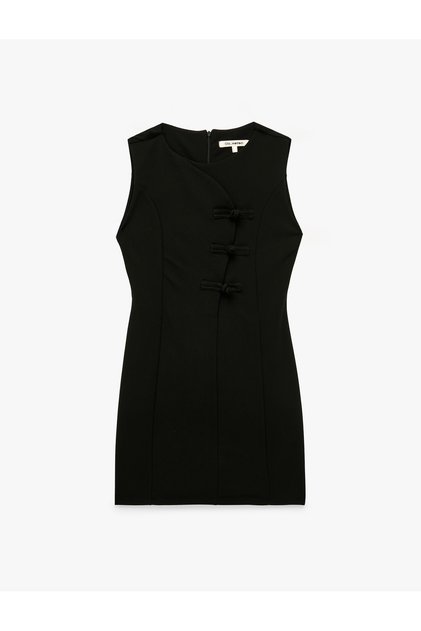Slim Fit Düğmeli Kurbağa Kapama Bisiklet Yaka Kolsuz Krep Mini Elbise