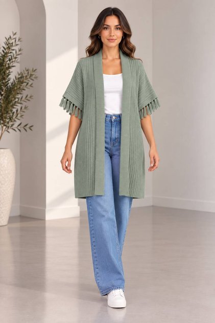 Women's tassel sleeved comfortable fit jacquard cardigan