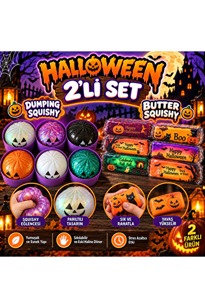 Halloween Temalı Dumping Squishy + Butter Squishy 2li set | Cadılar Bayramı Temalı Çin mantısı + Tereyağ Sukuşi 2li set | Renk gönderimi karışık yapılır.