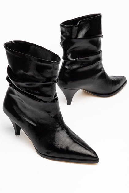 Slouchy Patent Leather Special Design Heeled Black Women's Boots