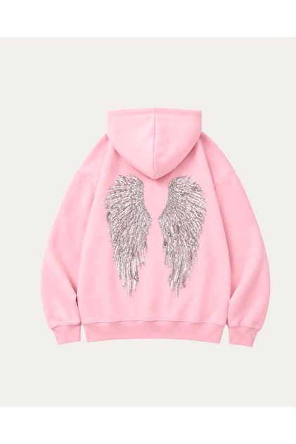 Sequin Detailed Back Butterfly Embroidered Hoodie Sweatshirt