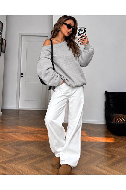 Women's Gray Asymmetrical Collar Ribbed Sweatshirt