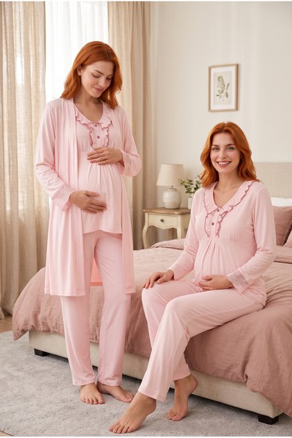 Pink Ruffle and Lace Detailed Long Sleeve 3-Piece Maternity Pajama Set with Dressing Gown Viscose
