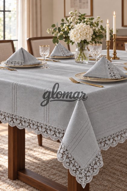 Premium Dantelli Gri Masa Örtüsü %100 Polyester Yemek Masa Örtüsü Fisto Kenarlı Tek