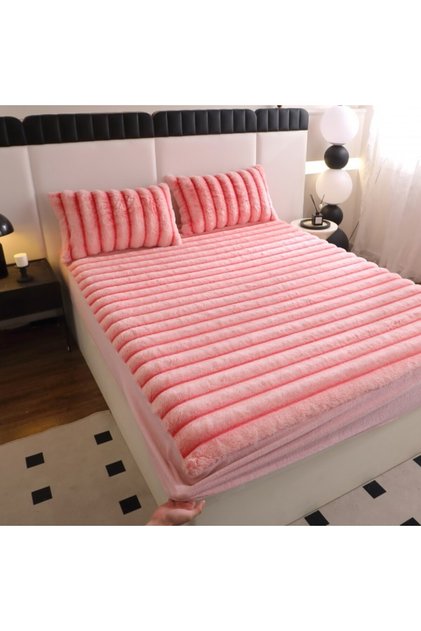 Cearșaf cu elastic din blană de iepure + 2 fețe de pernă, model în dungi, 180x200cm