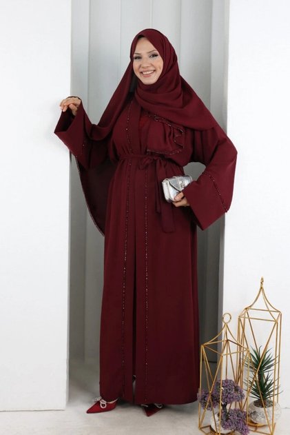 Taş Detaylı Şallı Abaya Bordo