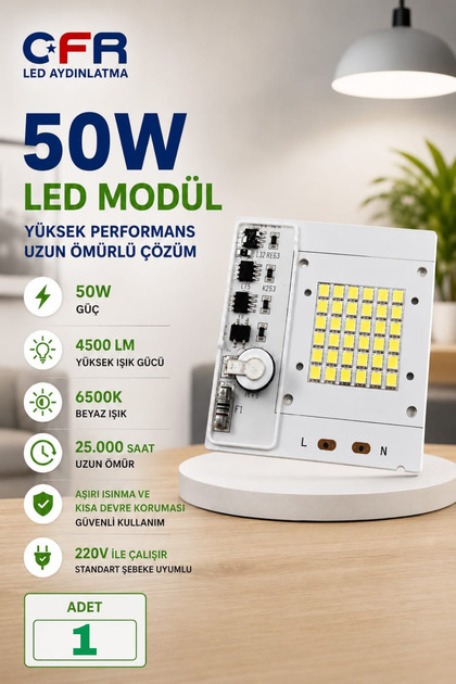 LED AYDINLATMA 50W LED Modül – 4500 LM 6500K Beyaz Işık PROJEKTÖR ÇİPİ 1-2-3-4-5-6-8-10 ADET