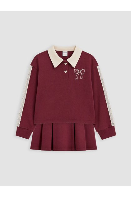 LCW Kids Bordo Polo Yaka Nakışlı Kız Çocuk Takım
