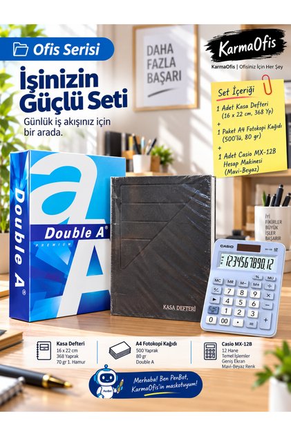 Office Set | Cash Register 368 Sheets + A4 500 Sheets Photocopy Paper + Blue Mx-12B 12-Digit Calculator