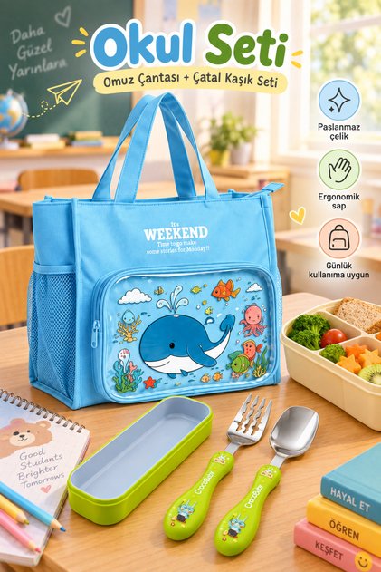 Set de prânz pentru școală Cutie de prânz pentru copii + Set de tacâmuri din oțel inoxidabil în cutie Set școlar