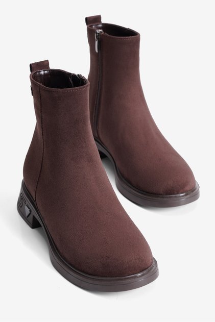 Women's Suede Boots with Zipper and Metal Accessories, Ema Brown