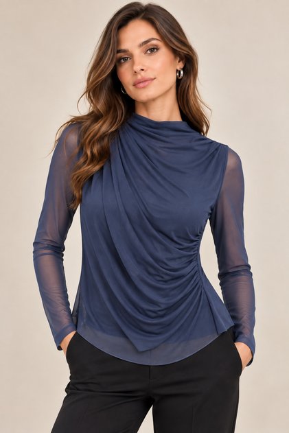 Women's Navy Blue Stand Collar Printed Lined Tulle Fabric Blouse with Drawstring Detail and Long Sleeves