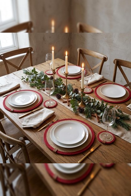 2-Person New Year's Red Striped Jute Tableware Set: 2 Plates 36cm + 2 Coasters 13cm