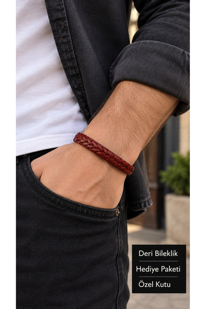 Pelvano Brickweave Burgundy Leather Men's Bracelet - Wide Double Braided Textured Design