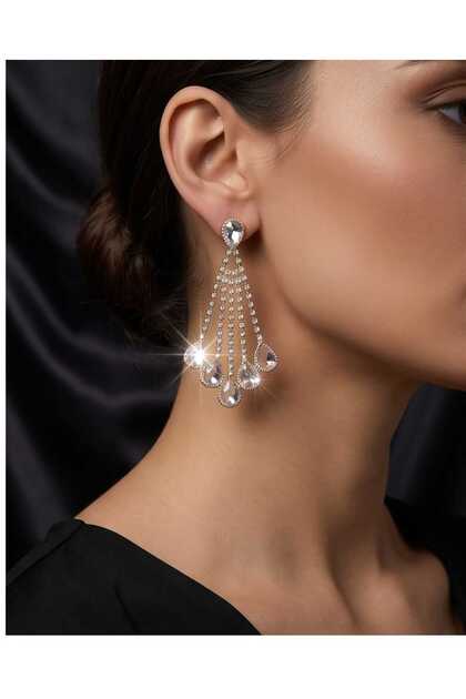 Küpe Altın Renk Kaplama Damla Taşlı Sallantılı Abiye Taşlı LUXE Seri + Hediye Paket