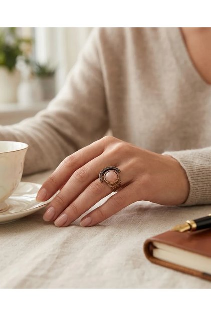 Bronze Women's Ring Authentic Copper Jewelry Pink Cat's Eye Stone Moon and Sun Front Adjustable Vintage