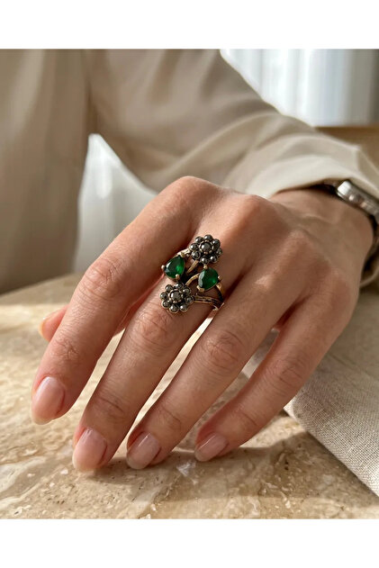 Bronze Women's Ring Authentic Copper Jewelry Green Zircon Stone Flower Rain Adjustable Vintage