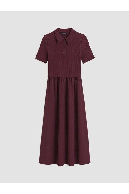 Plum Shirt Collar Ribbed Dress