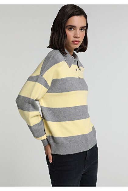 Regular Fit Polo Collar Striped Women's Gray Sweater
