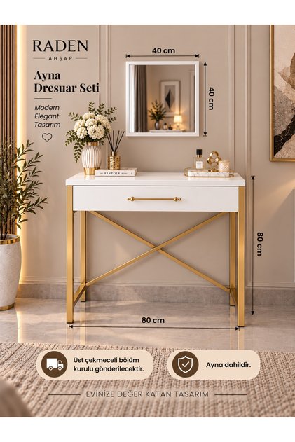 BEYAZ GOLD LÜKS DRESUAR AYNA SETİ