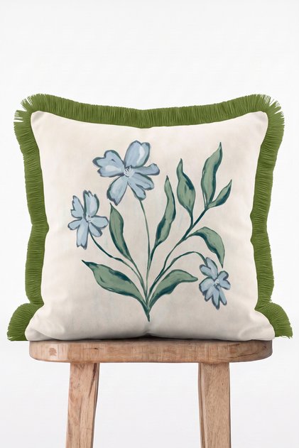 Country Breeze Cream Background Blue Floral Pattern Fringed Throw Pillow Cover