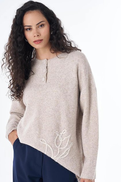 Tulip Embroidered Knitwear Tunic Stone