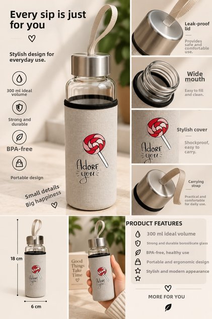 Glass Water Bottle with Self-Contained Case 300ml