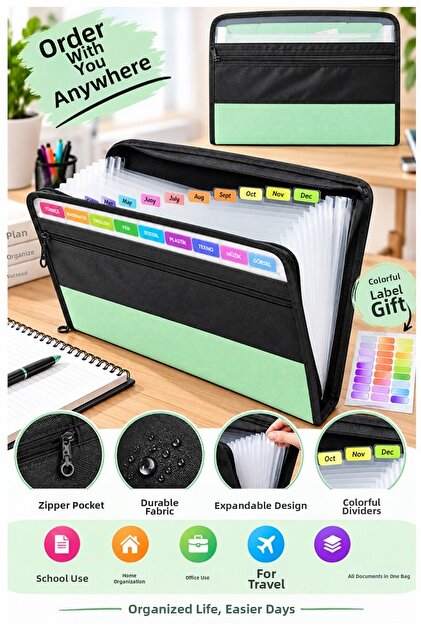 Bellows File with 13 Compartments, Zippered, 1 Piece, Stilo Quality A4 Accordion File Organizer, 13 Pocket File Document Organizer