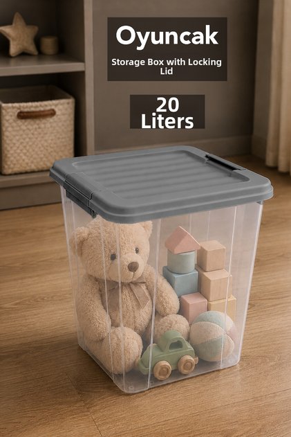 Deep Toy Organizer - Baby and Kids Room Organizer with Lockable Lid for Storage 20Lt Gray