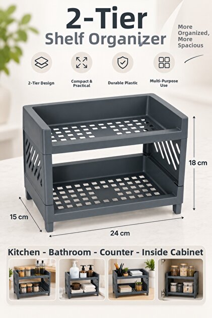 2-Tier Shelf Organizer – Multi-Purpose Plastic Organizer for Kitchen, Bathroom, and Inside the Closet