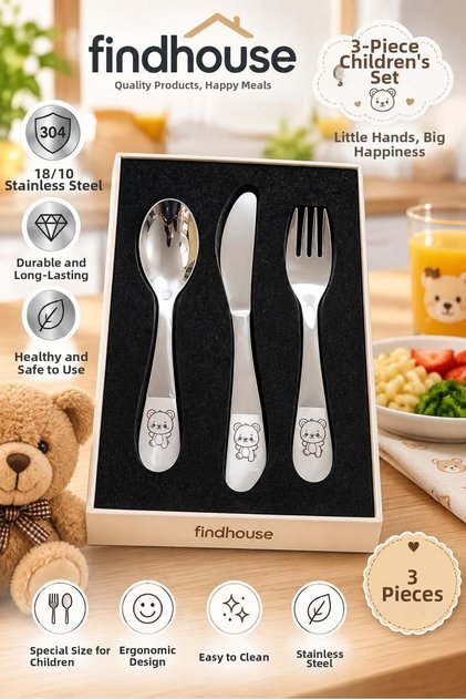 Gift for Children Aged 3-8: Teddy Bear Patterned Spoon, Fork, and Knife Set 18/10 304 Stainless Steel Kindergarten