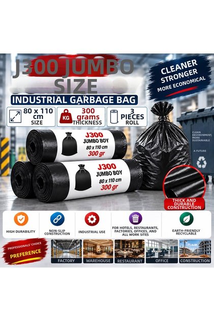 J300 Jumbo Size Garbage Bag 80X110 cm 300 Gr 3 Rolls Industrial Thick Durable Black Garbage Bag