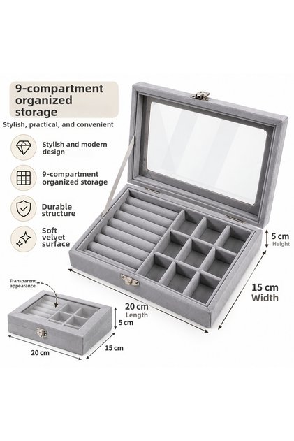 Velvet Jewelry and Gem Organizer Box – 9 Compartments with Clear Lid for Rings, Earrings, Necklaces Storage Box