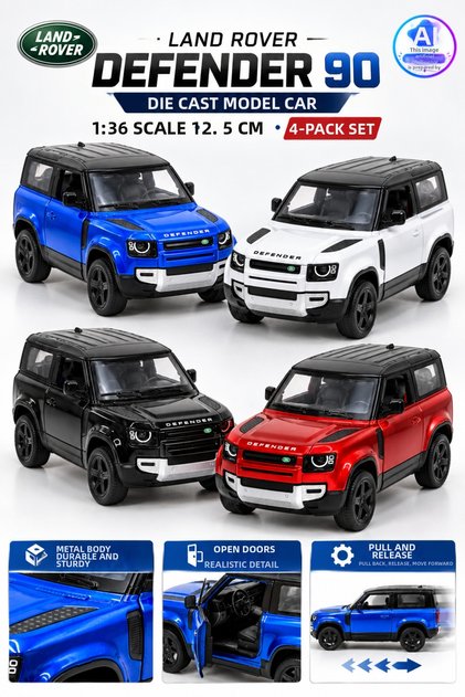 Die Cast Land Rover Defender 90 Model Car Set of 4 12.5cm – 1:36 Scale Metal Pull-Back Car with Opening Doors