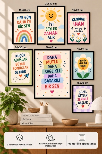 7-Piece Frame-Looking Modern Painting Set | Retro & Pop Art | Motivational Written | Living Room, Office, Kitchen and Study Room Wall Decoration